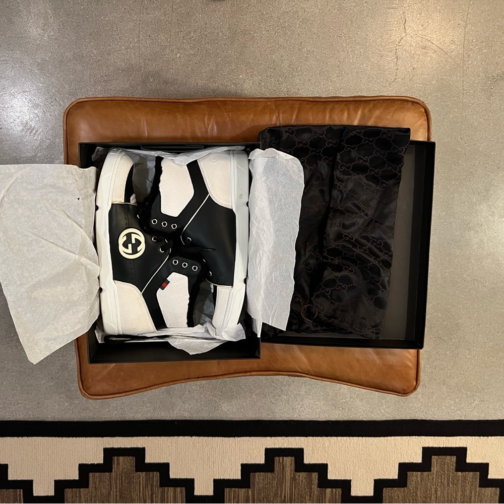 Gucci High Top Sneaker-Size 45 Europe or 11.5 US. White & Black-mint condition